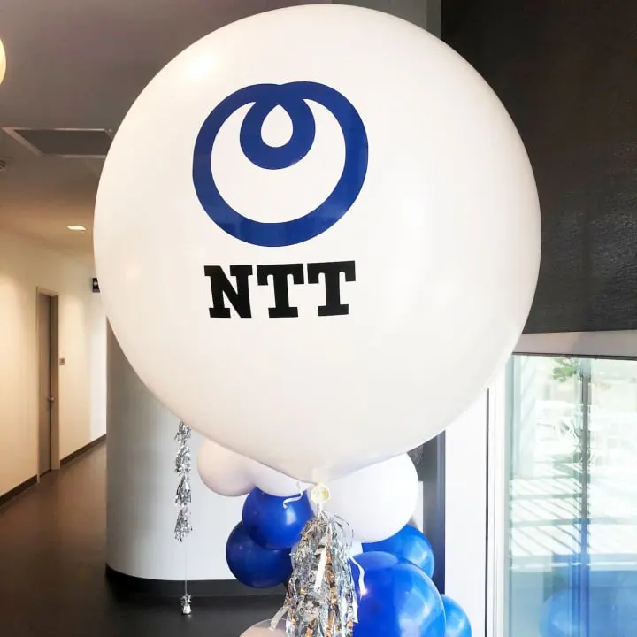 a large balloon with the logo of the organization ntn is held up by a hand in a hallway