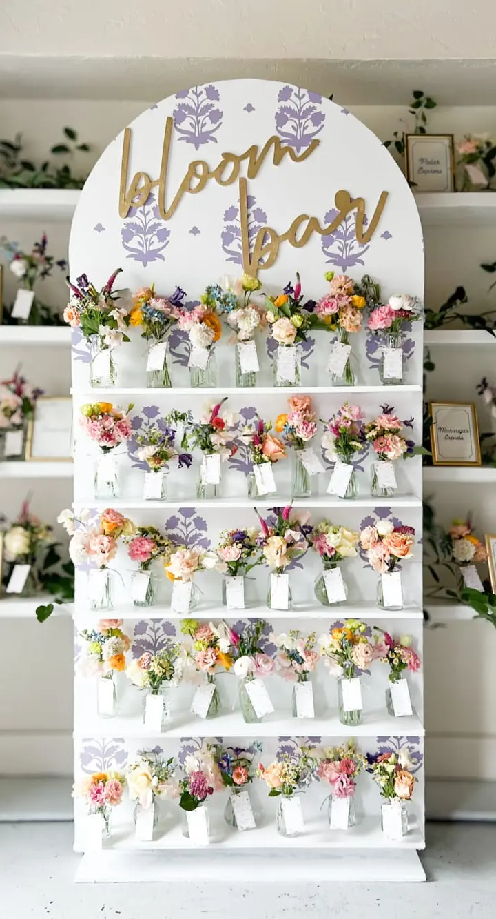 A floral display with various colorful flowers arranged in small vases on a white shelving unit, with the text "Labor Day" prominently displayed at the top.